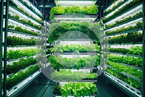 vertical farm, with crops growing on vertical wall and fish swimming in aquariums