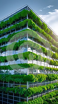 Vertical farm exterior bathed in natural daylight, modern design highlighted