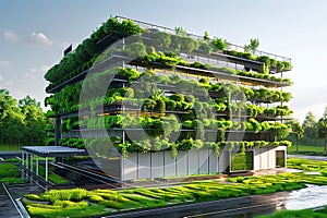 Vertical farm exterior bathed in natural daylight, modern design highlighted