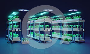 Vertical farming as indoor growth agriculture system 3D illustration concept