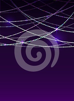 Vertical festive card with hanging flat garlands and lights. New Year`s confetti tinsel on violet background. Christmas vector