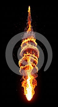 Vertical fiery explosion flame column isolated on dark background dramatic fire effect