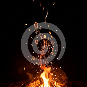 Vertical fiery explosion flame column isolated on dark background dramatic fire effect