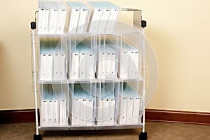 vertical filing system with clear plastic folders and labeled tabs for easy referencing