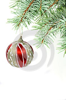 Vertical fir-tree branch with christmas ball