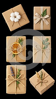 Collection of Eco-Friendly and Rustic Gift Wrapping Ideas with Natural Materials Flat Lay