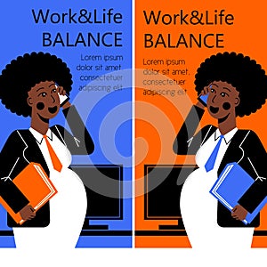 A vertical flat vector image for smartphone of a pregnant woman working in the office. Life and work balance