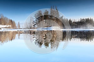 Vertical flip picture of reflection from lake shore in water surface, winter season with unfrozen lake at sunny frost day