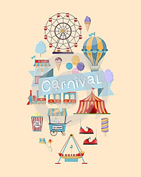 Vertical flyer template for carnival or festival with ferris wheel, piret ship, amusement train ride, circus tent, air