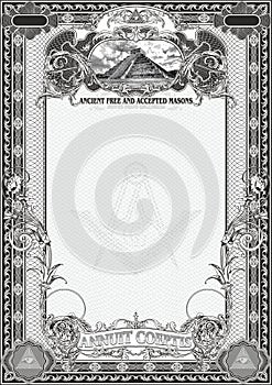 Vertical form for creating certificates, diplomas, bills and other securities. Classic design with Masonic symbols. In black and w