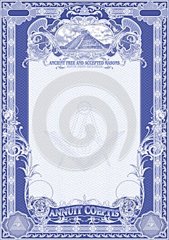 Vertical form for creating certificates, diplomas, bills and other securities. Classic design with Masonic symbols in blue.