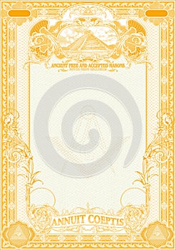 Vertical form for creating certificates, diplomas, bills and other securities. Classic design with Masonic symbols, in gold color.