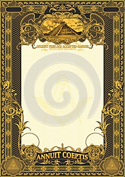 Vertical form for creating certificates, diplomas, bills and other securities. Classic design with Masonic symbols. Golden element