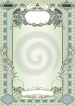 Vertical form for creating certificates, diplomas, bills and other securities. Classic design. Multicolor in green tones.