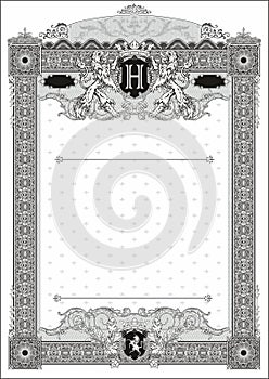 Vertical form for creating certificates and diplomas in black and white. With coat of arms and monogram H.