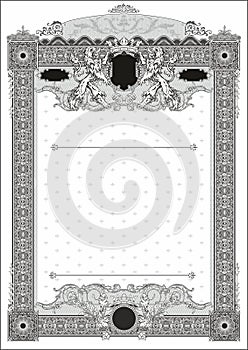 Vertical form for creating certificates and diplomas in black and white. With space for logo overlay and round stamp.