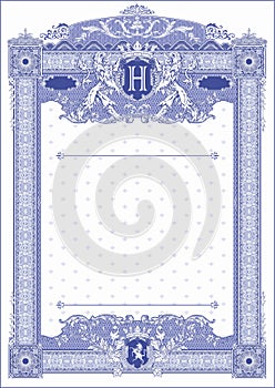 Vertical form for creating certificates and diplomas in blue tones. With coat of arms and monogram H.