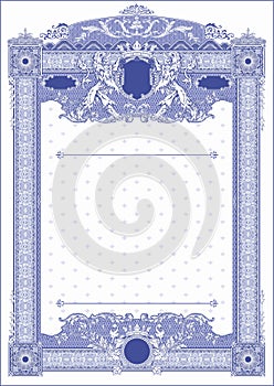 Vertical form for creating certificates and diplomas in blue tones. With space for logo overlay and round stamp.