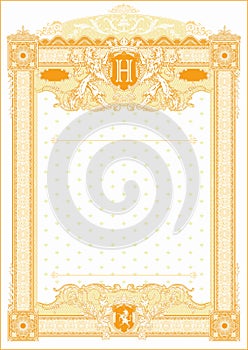 Vertical form for creating certificates and diplomas in gold tones. With coat of arms and monogram H.