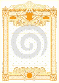 Vertical form for creating certificates and diplomas in gold tones. With space for logo overlay and round stamp.