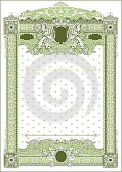 Vertical form for creating certificates and diplomas in green colors. With space for logo overlay and round stamp.