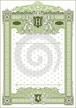 Vertical form for creating certificates and diplomas in green tones. With coat of arms and monogram H.