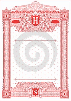 Vertical form for creating certificates and diplomas in red colors. With coat of arms and monogram H.