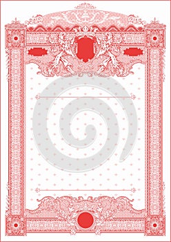 Vertical form for creating certificates and diplomas in red colors. With space for logo overlay and round stamp.