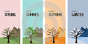 Vertical four season banner hello spring, summer, autumn and winter tree