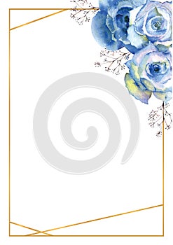 Vertical frame with Blue rose flowers and decorative twigs in a gold frame on a white isolated background. Vector