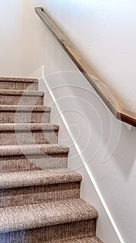 Vertical frame Carpeted indoor staircase of home with brown handrail against white side wall