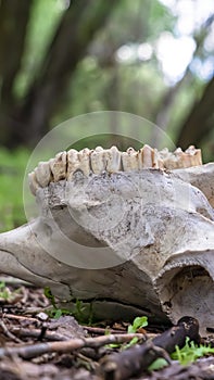 Vertical frame Close up of an animal skull in the forest against blurred tree trunks and sky
