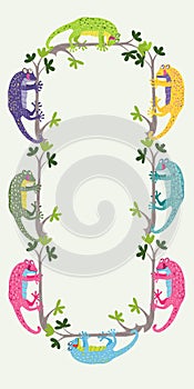 Vertical frame with cute colorful geckos. photo