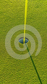 Vertical frame Green of a golf course with close up view of the yellow flagstick and hole