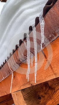 Vertical frame Icicles at the edge of corrugated metal roof with mound of fresh snow in winter