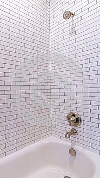 Vertical frame Modern tiled white bathtub with shower bright interior
