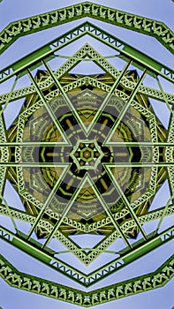 Vertical frame Patterned cirlcular photo created from the shapes of a green bridge in California