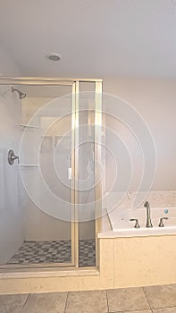 Vertical frame Shower stall and built in bathtub inside a bathroom with light gray wall