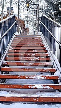 Vertical frame Stairs against snow covered slope with houses and trees under cloudy winter sky