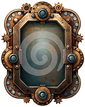 Vertical frame steampunk with rusty pipes and gears,on white background. AI generated.