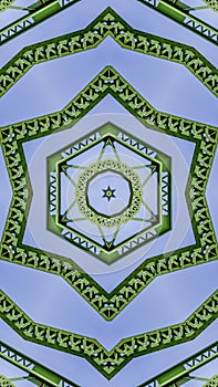 Vertical frame Symmetrical pattern design created from doubling a photo of a green bridge in California