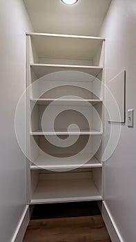 Vertical frame Walk in closet or pantry with empty wall shelves seen through open hinged door