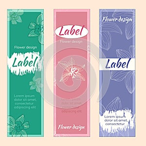 Vertical frames for text with contour vanilla flowers, corporate identity. Floral label, perfume, clothing, linen tags