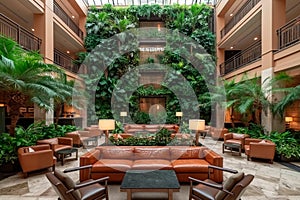 Vertical garden installation in a hotel atrium, creating a visually stunning focal point and enhancing the guest