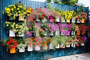 vertical garden of vibrant blooms on a metal fence