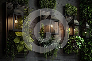 vertical garden on wall with hanging lanterns and greenery
