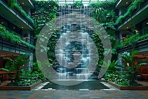 Vertical garden with waterfall installation in a hotel atrium, creating a visually stunning focal point and enhancing