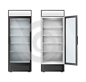 Vertical glass refrigerators showcase for drinks beverage. Fridges with glass doors open or closed