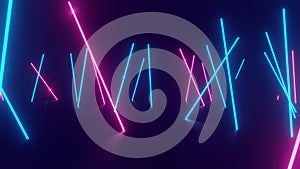 Vertical glowing lines move in space. Abstract fluorescent background. Neon background. 4K loop