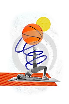 Vertical graphics collage image of young girl athlete lie karemat push basketball ball pilates yoga aerobics isolated on